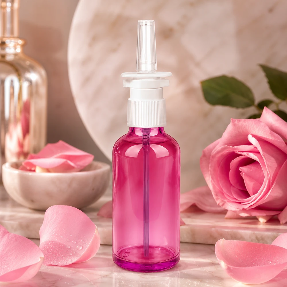 Flacone spray nasale da 50 ml bianco/trasparente standard PurpleLine. UT18/50 Igienico flacone spray da 50 ml per farmaci nasali dal design accattivante di colore viola