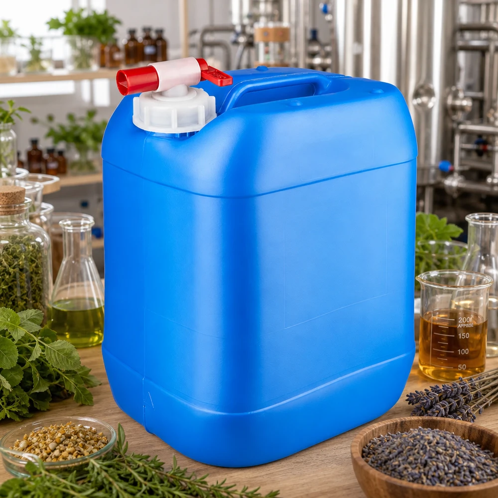 Kanister 20 Liter blau mit Auslaufhahn Rechteckiger Vorratsbehälter 20 Liter Blau mit Entnahmeventil in botanischer Laborumgebung