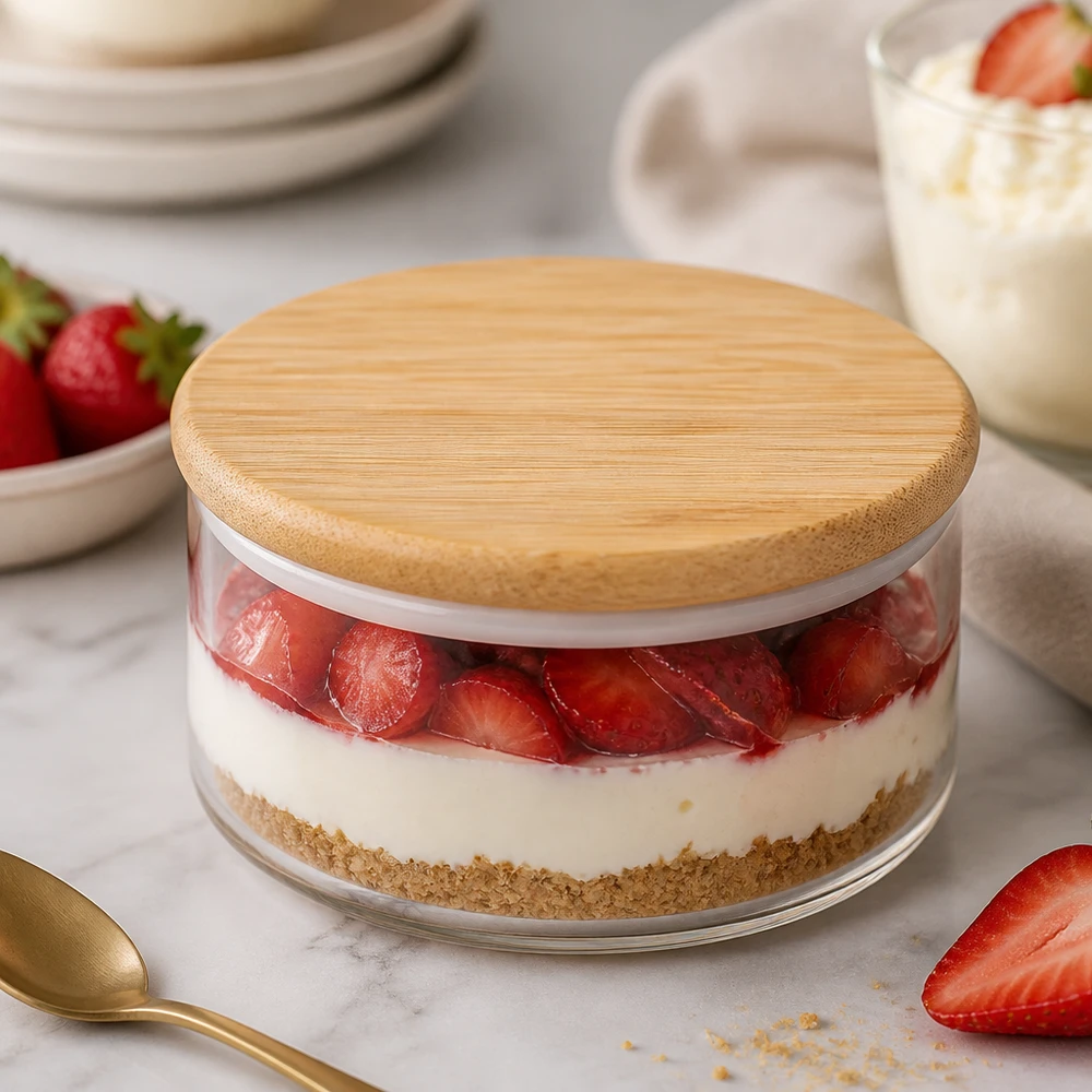 Coperchio in legno WECK RR80 versione A con torta di fragole in barattolo - pratica applicazione per dolci e conservazione