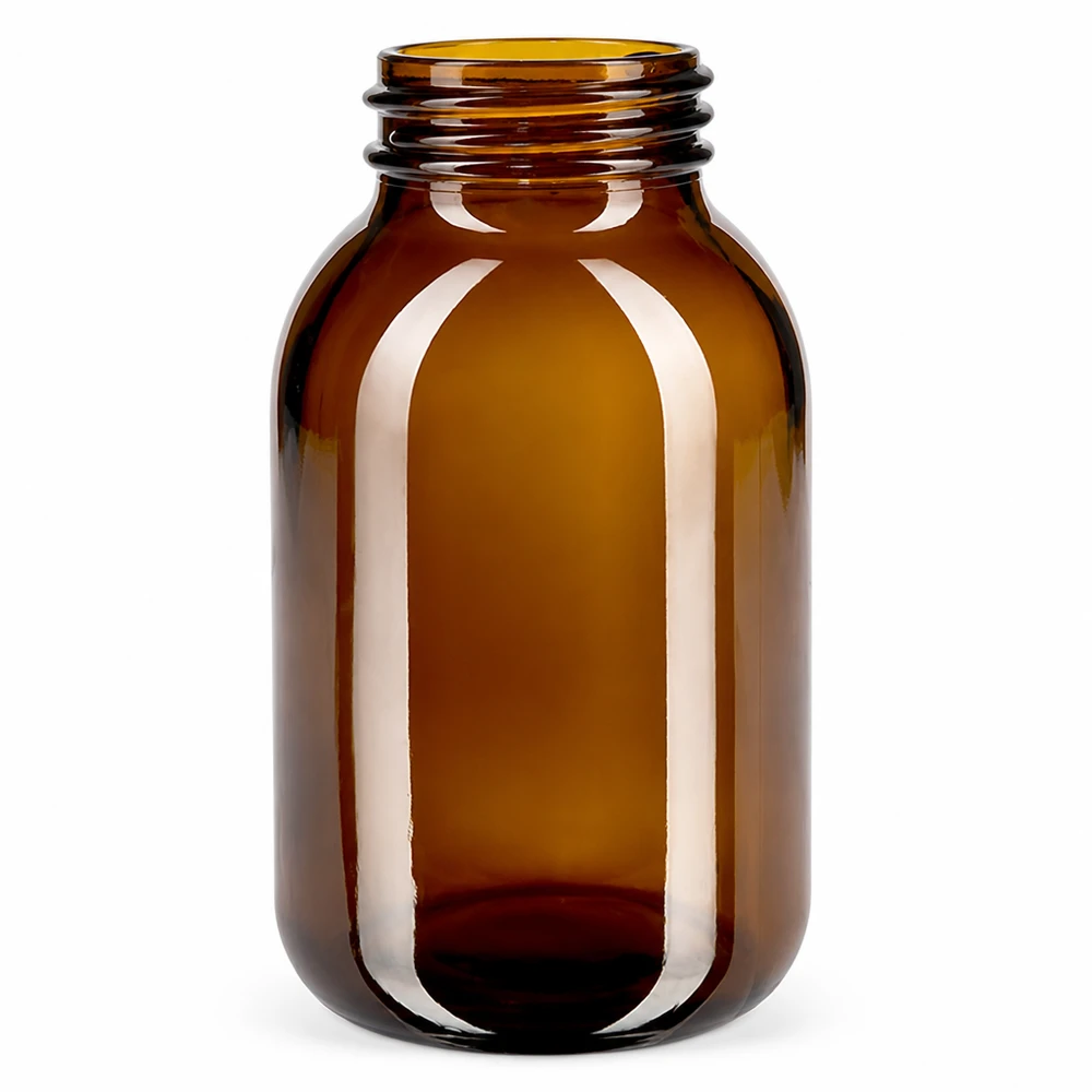 Bottiglia a collo largo da 500 ml in vetro ambrato per applicazioni farmaceutiche e cosmetiche