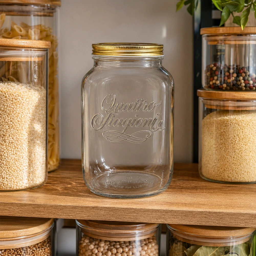 Vaso rotondo "Quattro Stagioni" da 3800ml con coperchio Barattolo Quattro Stagioni da 3800 ml vuoto su un ripiano di legno tra barattoli pieni di spezie e cereali.