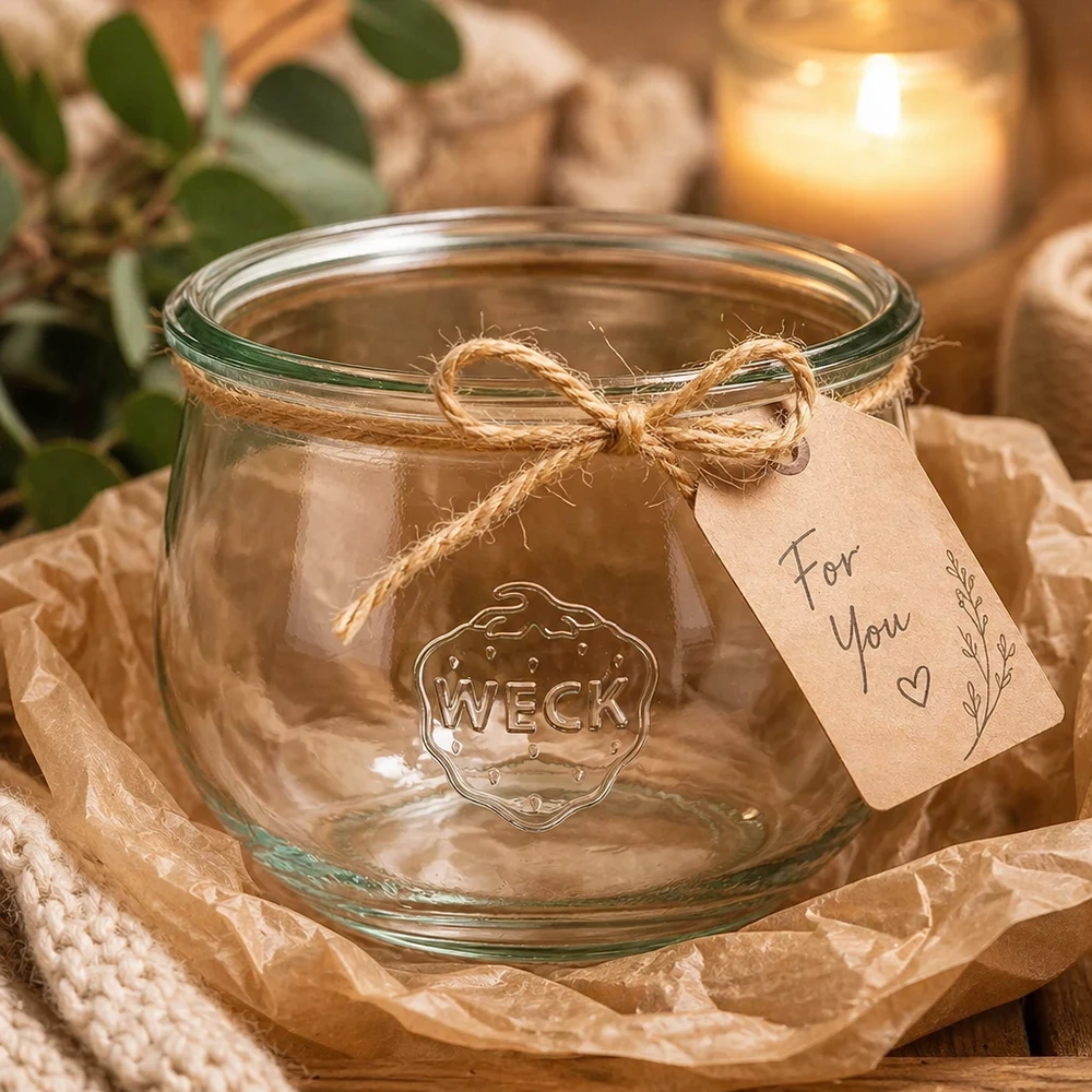 Vaso a tulipano WECK RR100 da 580 ml Vaso WECK tulipano 580ml RR100 con etichetta regalo e cordoncino di iuta su tavolo di legno con candela e decorazioni