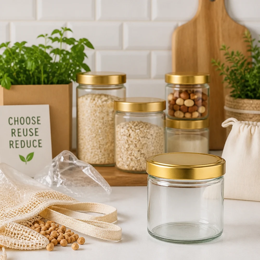 Barattolo cilindrico da 230 ml con coperchio BasicSeal oro UNiTWIST. Barattolo cilindrico da 230 ml con coperchio dorato in cucina sostenibile a spreco zero tra barattoli e prodotti ecologici