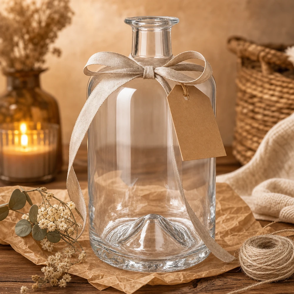 Bottiglia in vetro da 700 ml Sofia vuota con fiocco decorativo e targhetta regalo in un ambiente accogliente