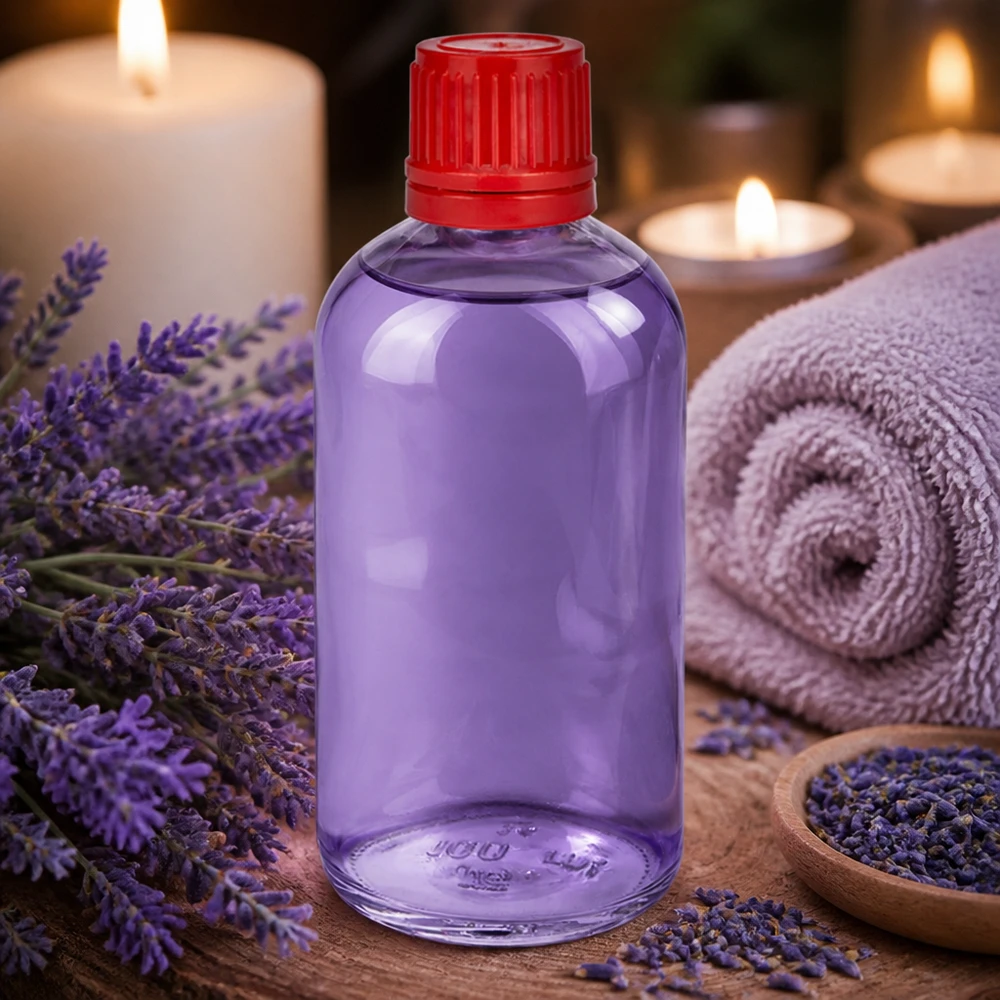 100ml Flasche 11mm Schraubverschluss rot Originalitätsverschluss ClearLine UT18/100 Runde 100ml UT18 Flasche mit rotem OV auf Holzoberfläche mit getrocknetem Lavendel