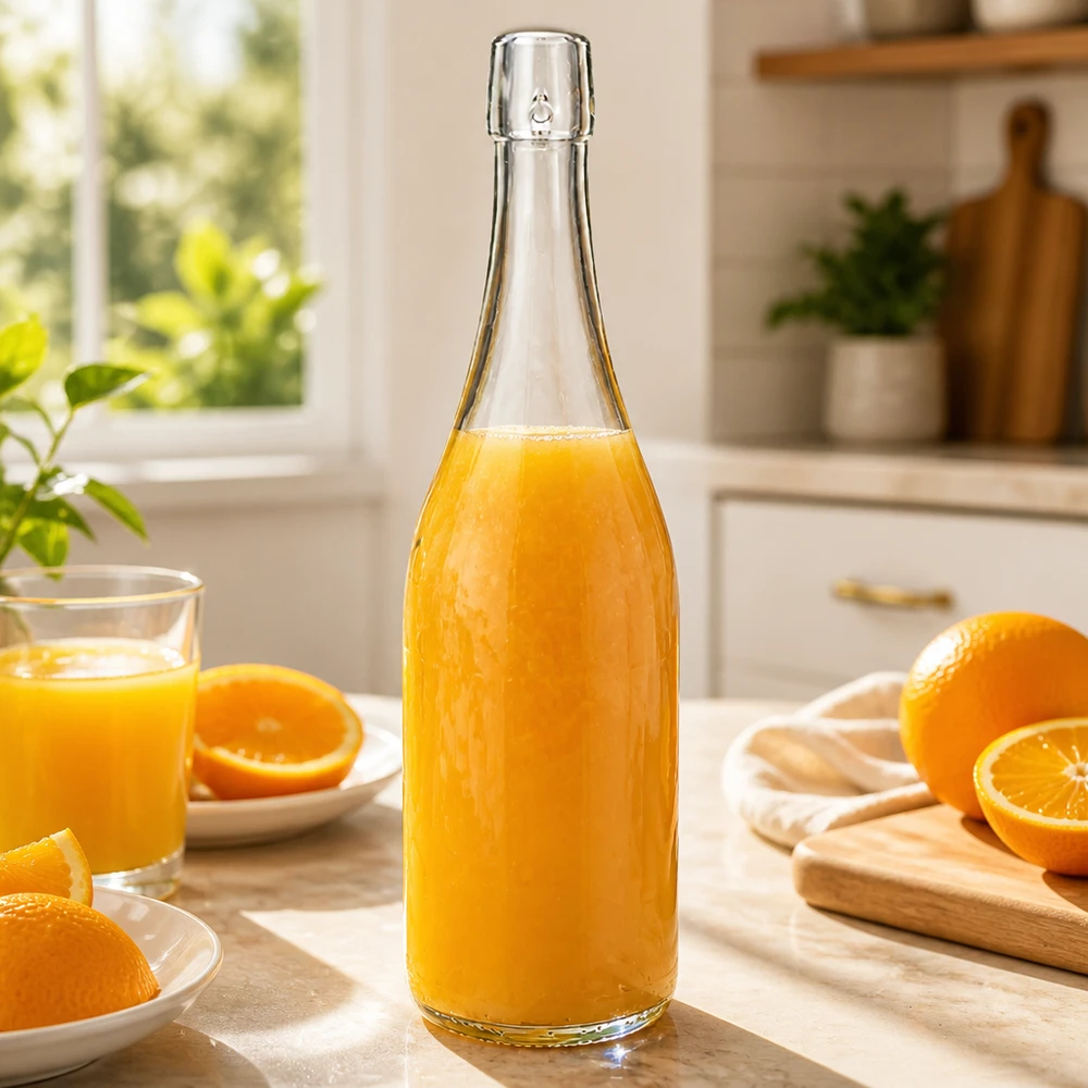Bottiglia in vetro da 750 ml senza tappo UNiTWIST Bottiglia di vetro UNiTWIST da 750 ml riempita di succo d'arancia fresco colazione leggera da cucina vitamina C sana nutrizione