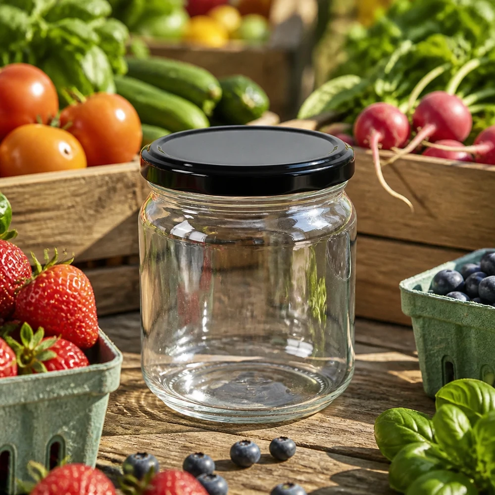 Vaso rotondo da 212 ml con coperchio nero BasicSeal vuoto, circondato da bacche e verdure fresche dell'orto su un tavolo di legno.