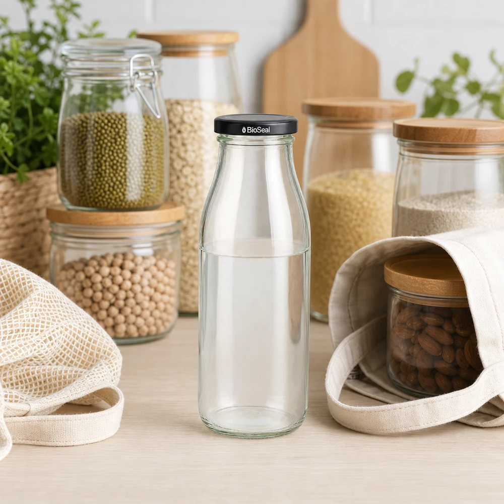 500ml Glasflasche + BioSeal Deckel schwarz UNiTWIST 500ml Glasflasche mit schwarzem BioSeal Deckel in nachhaltiger Küchenumgebung mit Vorratsgläsern und Jutebeuteln