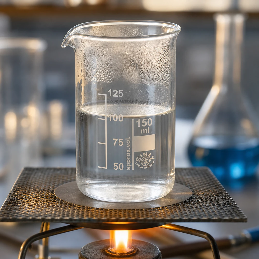Becher da 150 ml, di forma alta, riscaldato su un becco Bunsen con un liquido trasparente in laboratorio