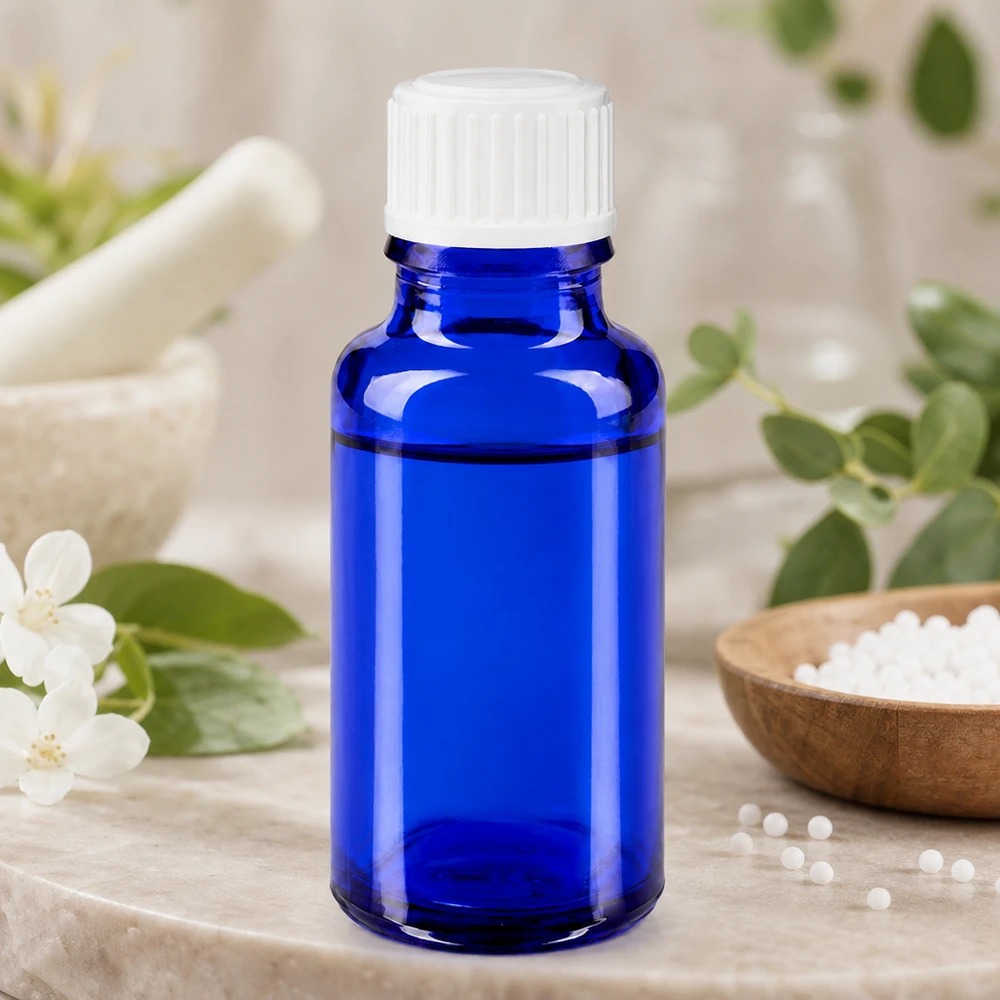 Blaue Tropfflasche 20ml für Aromatherapie zwischen weißen Blüten und grünen Kräutern