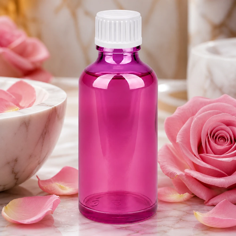Flacone in vetro soffiato a bocca da 50 ml con elegante design viola per prodotti cosmetici di alta qualità
