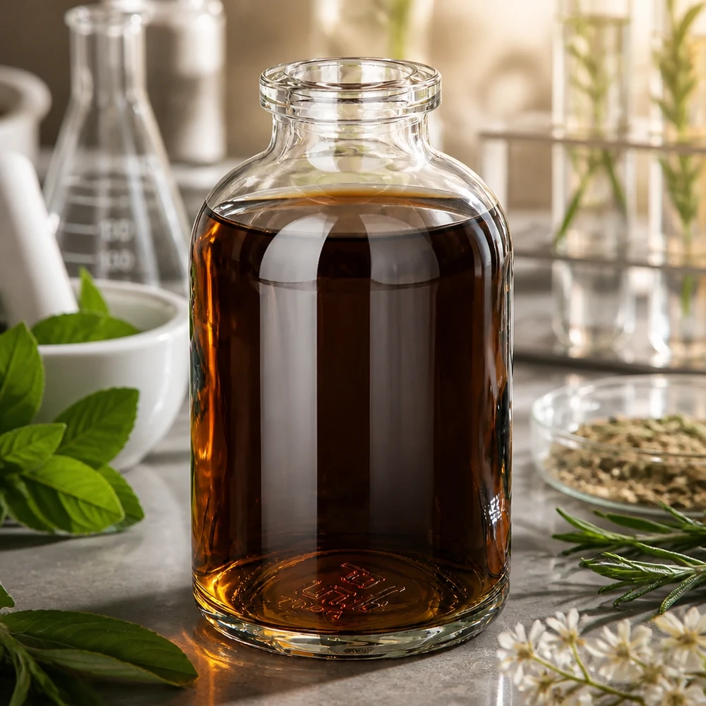 Injektionsflasche Klarglas 50ml Kompakte Injektionsflasche 50ml aus Klarglas mit amber Naturstoffextrakt und Laborausstattung
