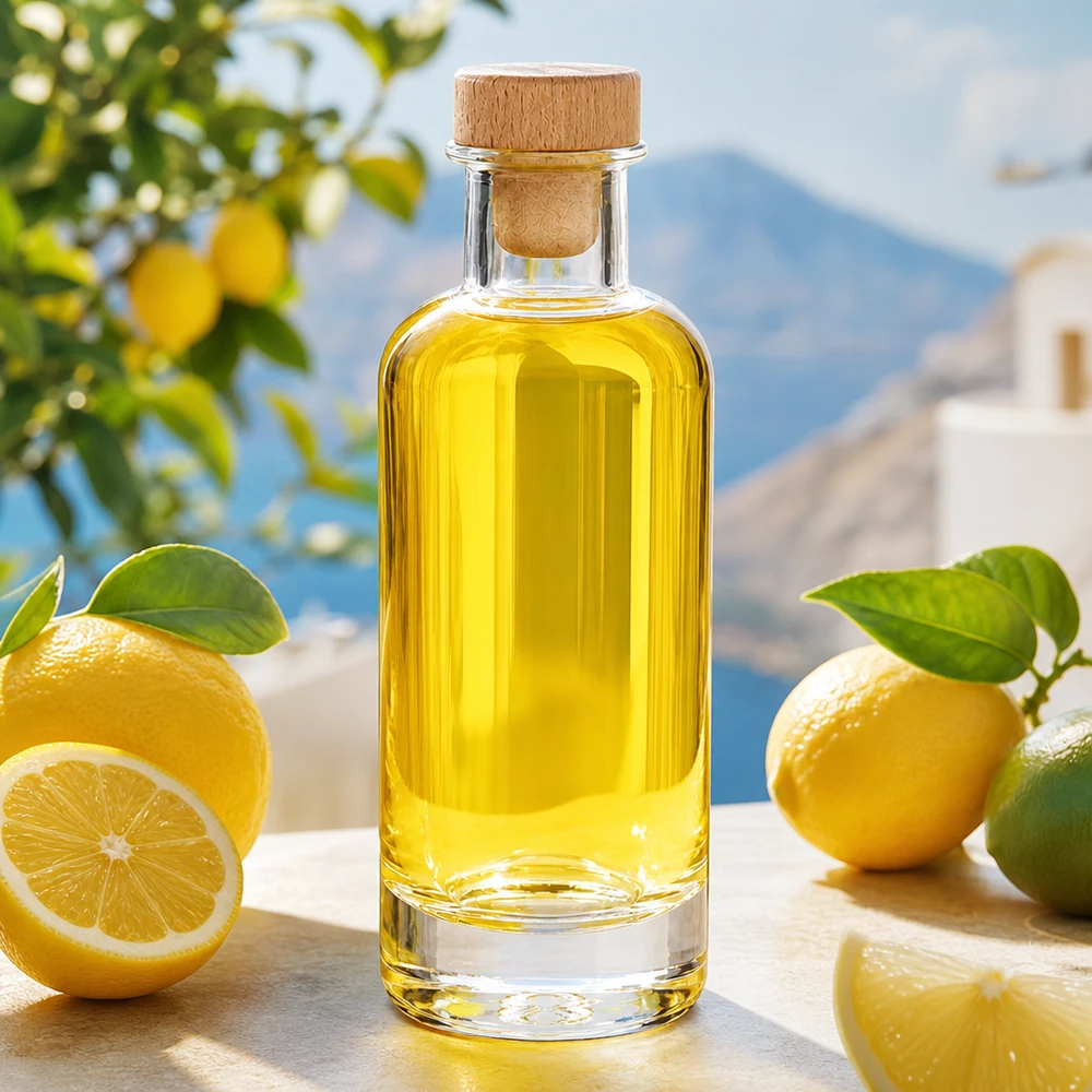 Bottiglia di vetro Ella da 200 ml con tappo in legno, riempita di olio giallo e circondata da limoni freschi in un ambiente mediterraneo.
