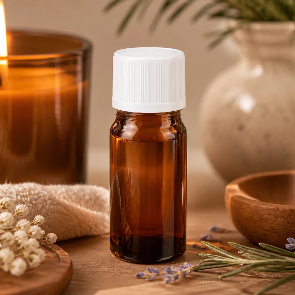 Flacon de pharmacie brun 5ml bouchon compte-gouttes blanc sécurité enfant standard Flacon compte-gouttes de 5 ml en verre ambré avec bouchon à vis KiSi blanc, posé sur une table en bois à côté de la lavande et d'une bougie