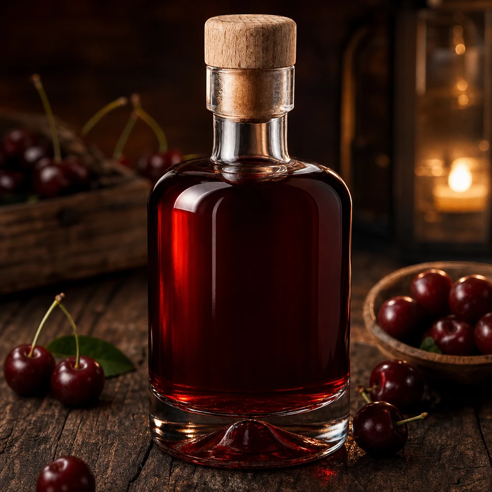 Bottiglia in vetro da 50 ml Amelie con tappo in sughero con impugnatura in legno UNiTWIST Bottiglia di vetro da 50 ml di Amelie riempita con liquore di ciliegie rosso scuro tra ciliegie fresche disposte in modo rustico su legno