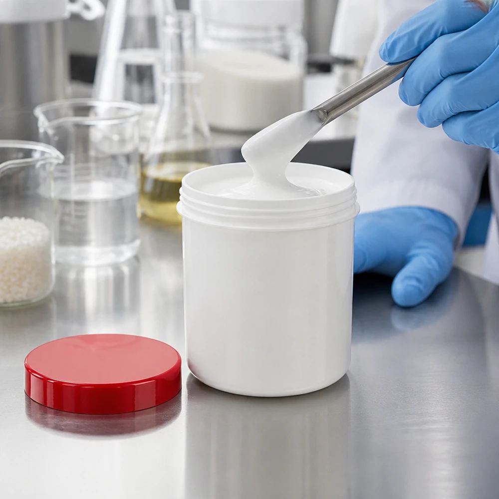 Pot à pommade médical de 50 ml, blanc avec un bouchon rouge, entouré d'ustensiles de laboratoire et de matières premières