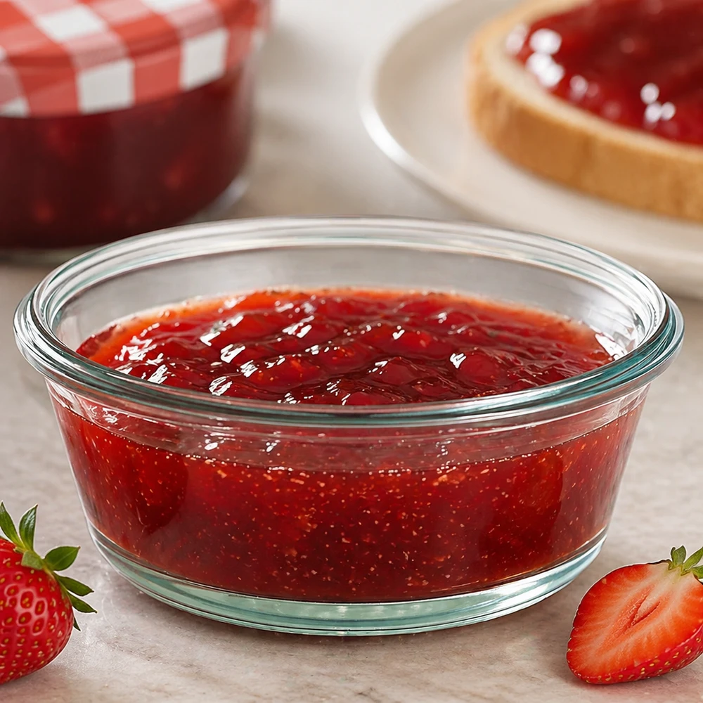 WECK RR120 Gourmetglas 300ml mit roter Marmelade gefüllt zeigt Verwendung als Konfitürenglas mit Erdbeeren