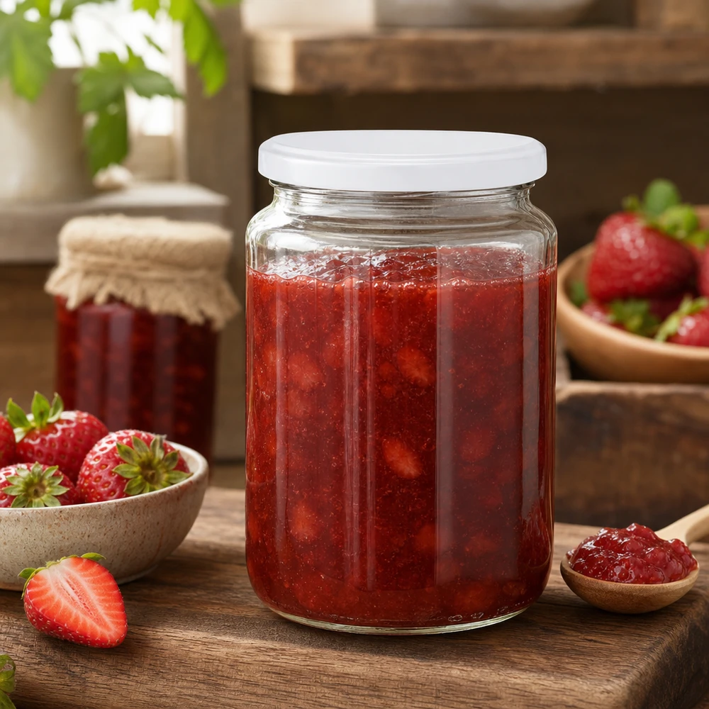 795ml Rundglas mit BasicSeal Deckel weiß UNiTWIST 795ml Rundglas UNiTWIST mit Erdbeermarmelade befüllt zeigt ideale Eignung für selbstgemachte Konfitüre und Einkochen