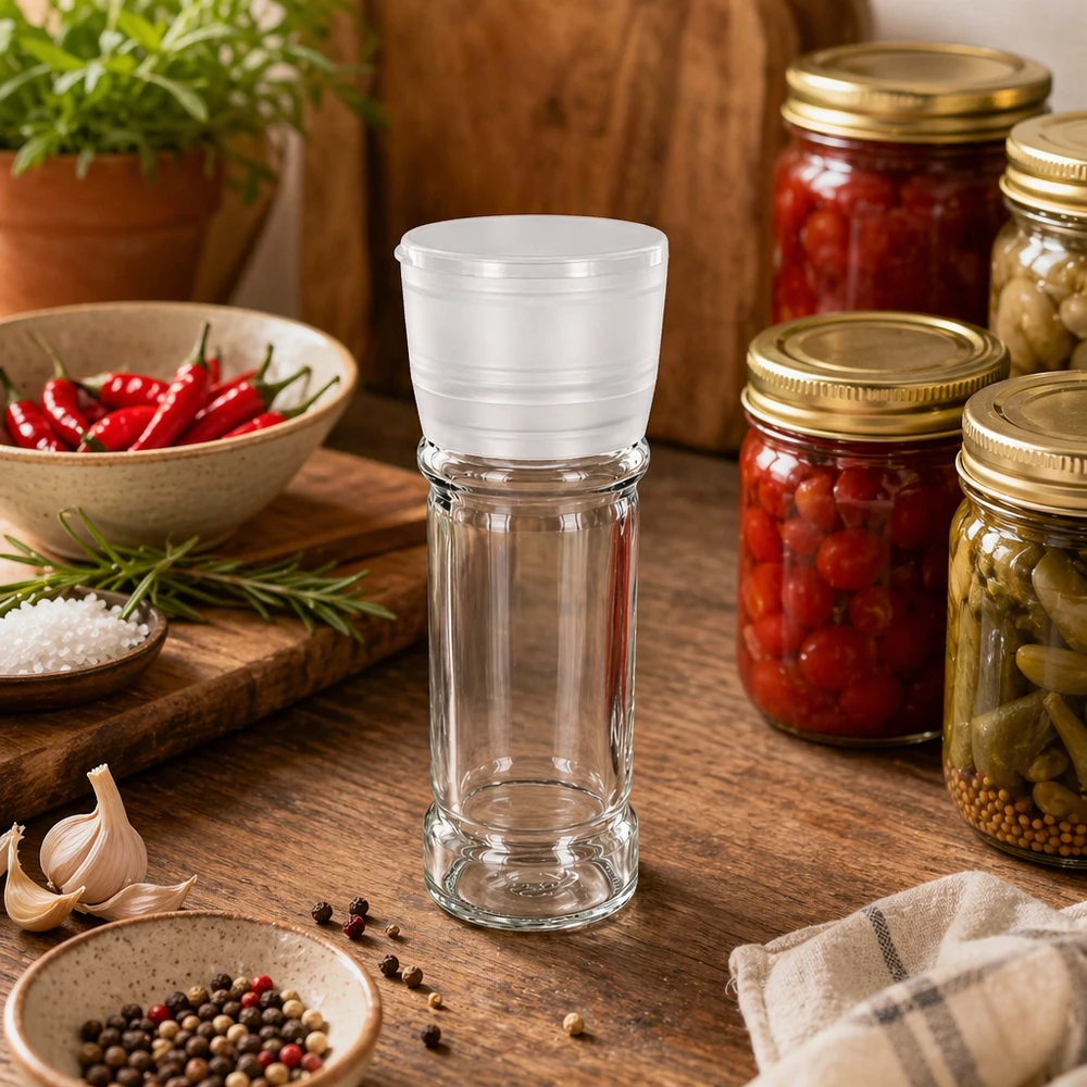 Pot à sel/épices 100 ml avec moulin Vario blanc Leere Salzmühle aus Glas 100ml mit weißem Vario Aufsatz im rustikalen Küchensetting