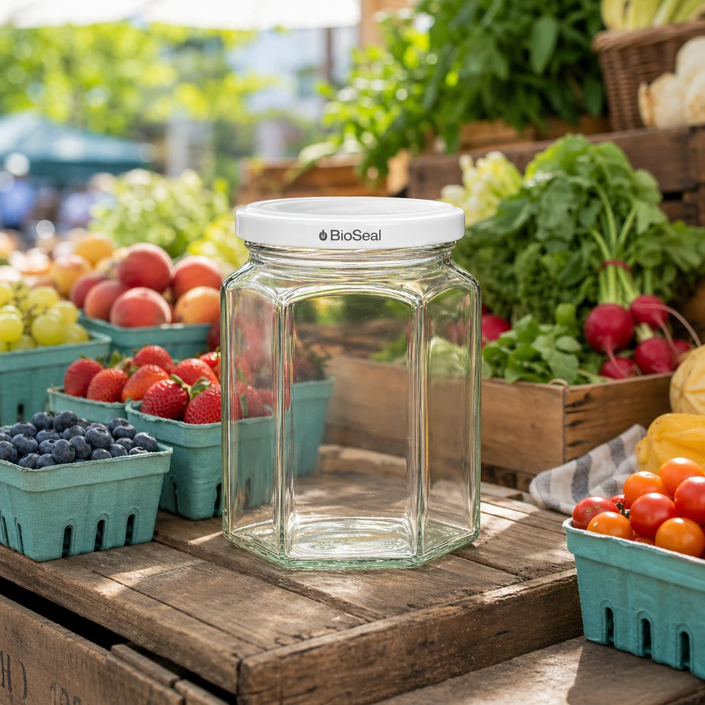 UNiTWIST Hexa288 leeres Glas mit weißem TO63 BioSeal Deckel auf Marktstand zwischen frischem Obst und Gemüse