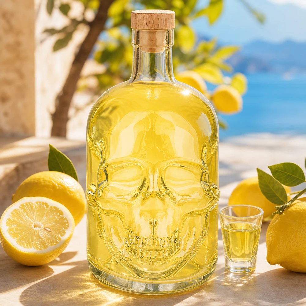 Bottiglia in vetro da 700 ml Jack con tappo in sughero con impugnatura in legno UNiTWIST® Glasflasche Jack 700ml mit gelber Flüssigkeit gefüllt neben Zitronen und Schnapsglas in mediterraner Kulisse
