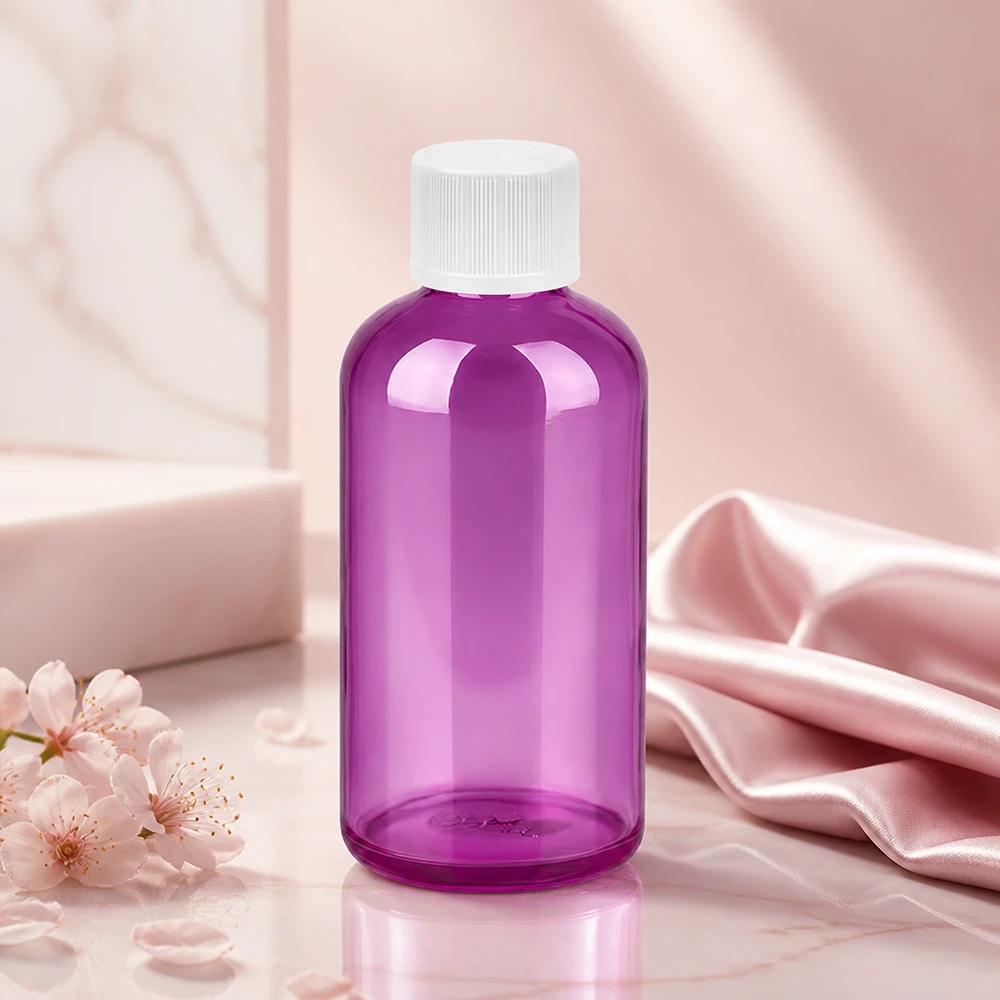 Flacone compatto da 100 ml con chiusura bianca di facile presa per applicazioni di laboratorio e di bellezza.