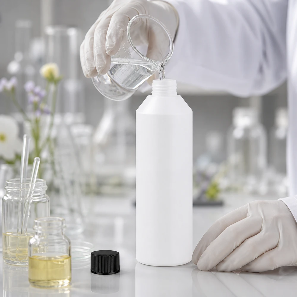 Bouteille cylindrique blanche en PEHD de 250 ml, à goulot étroit et munie d'un bouchon de sécurité noir