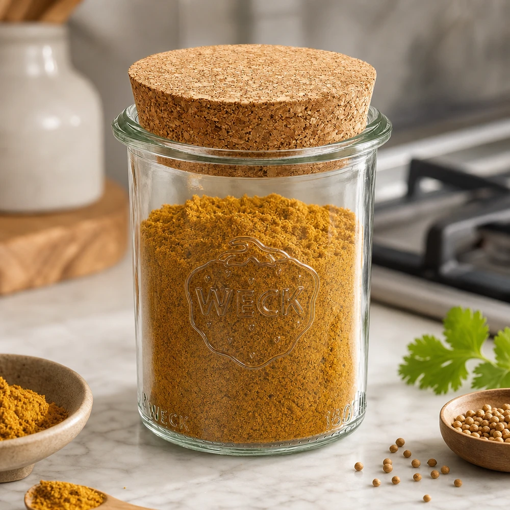 Barattolo WECK da 160 ml RR60 con coperchio in sughero pieno di curcuma in polvere e spezie su piano di lavoro in marmo