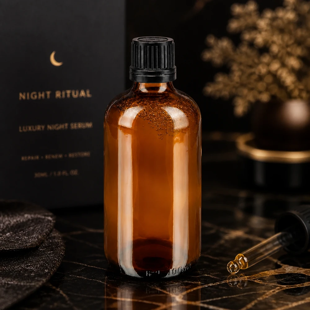 Flacon en verre ambré de 100 ml avec emballage extérieur noir et compte-gouttes, présenté à côté du coffret « Luxus Night Ritual Serum »