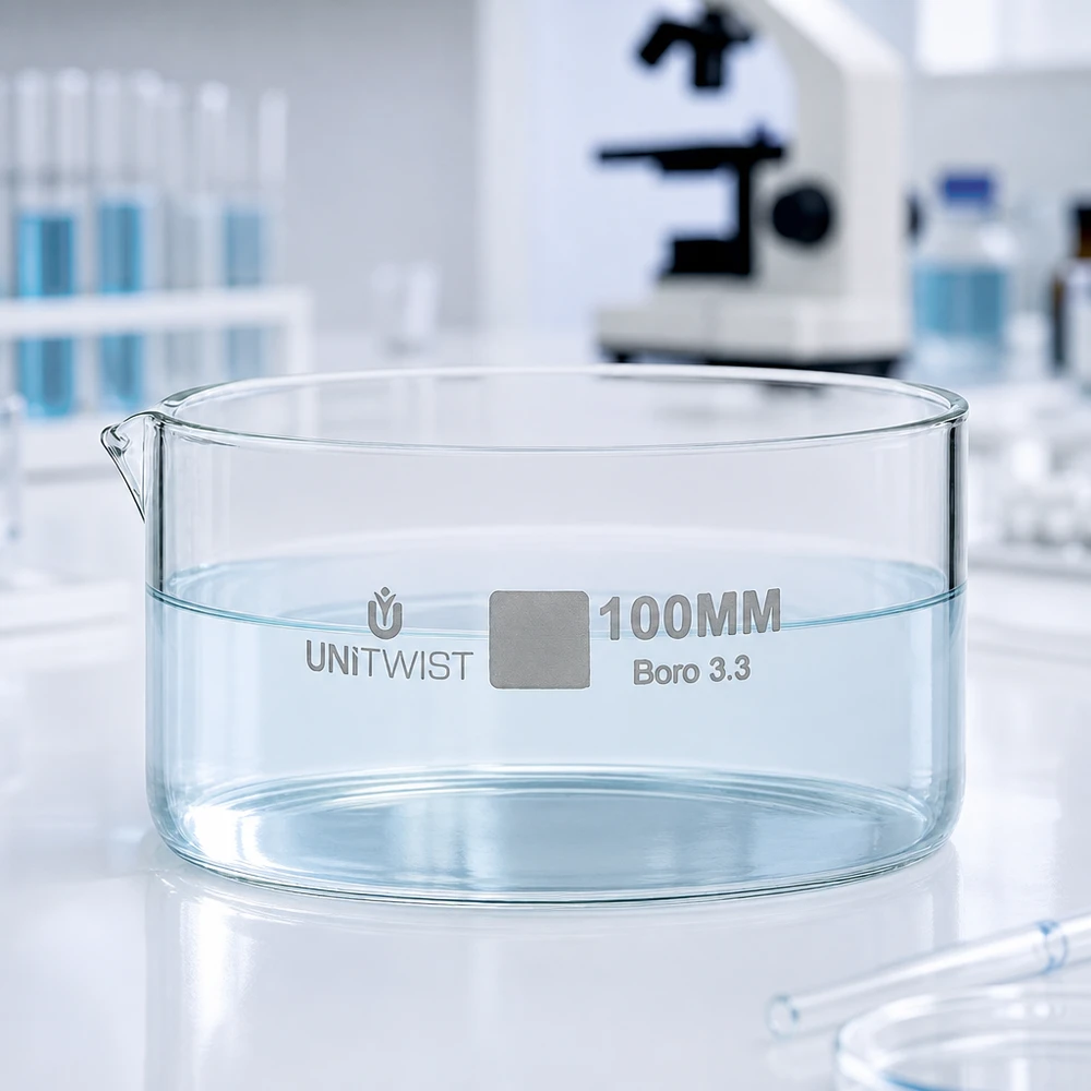 Cristallisoir ø100mm verre borosilicaté UNiTWIST Coupelle de cristallisation ø 100 mm UNiTWIST en verre borosilicaté, vide, sur un plan de travail de laboratoire blanc, en arrière-plan d'un microscope
