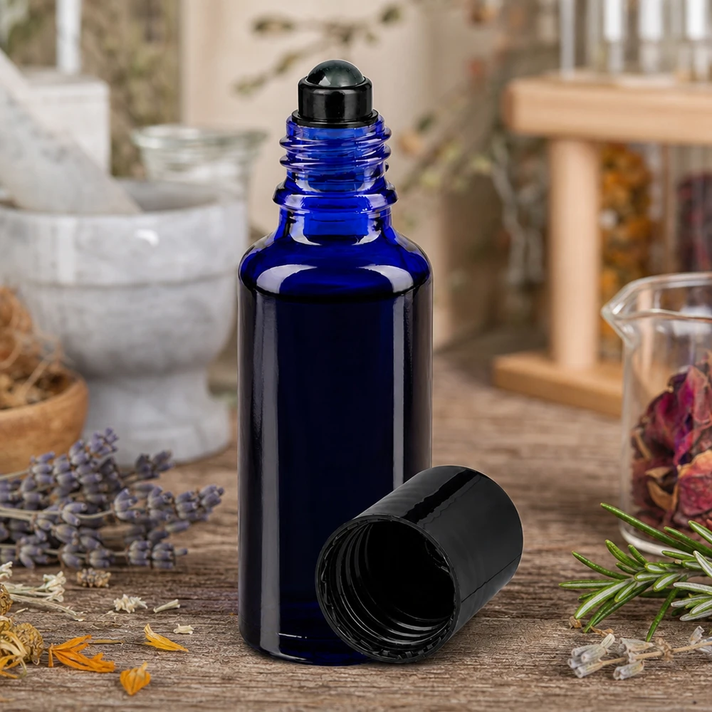 Apothekenflasche blau 30ml Roll-On Verschluss schwarz Blaue 30ml Apotheker Rollflasche mit schwarzer Applikatorkugel für Parfum und Aromaöle