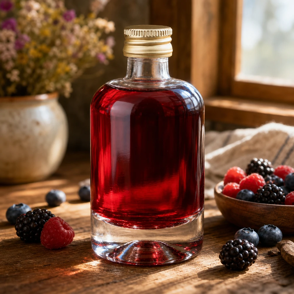 Bottiglia in vetro da 40 ml Sara con tappo a vite dorato UNiTWIST® Bottiglia di vetro da 40 ml di Sara riempita di liquore ai frutti rossi - tappo dorato UNiTWIST circondato da frutti di bosco freschi