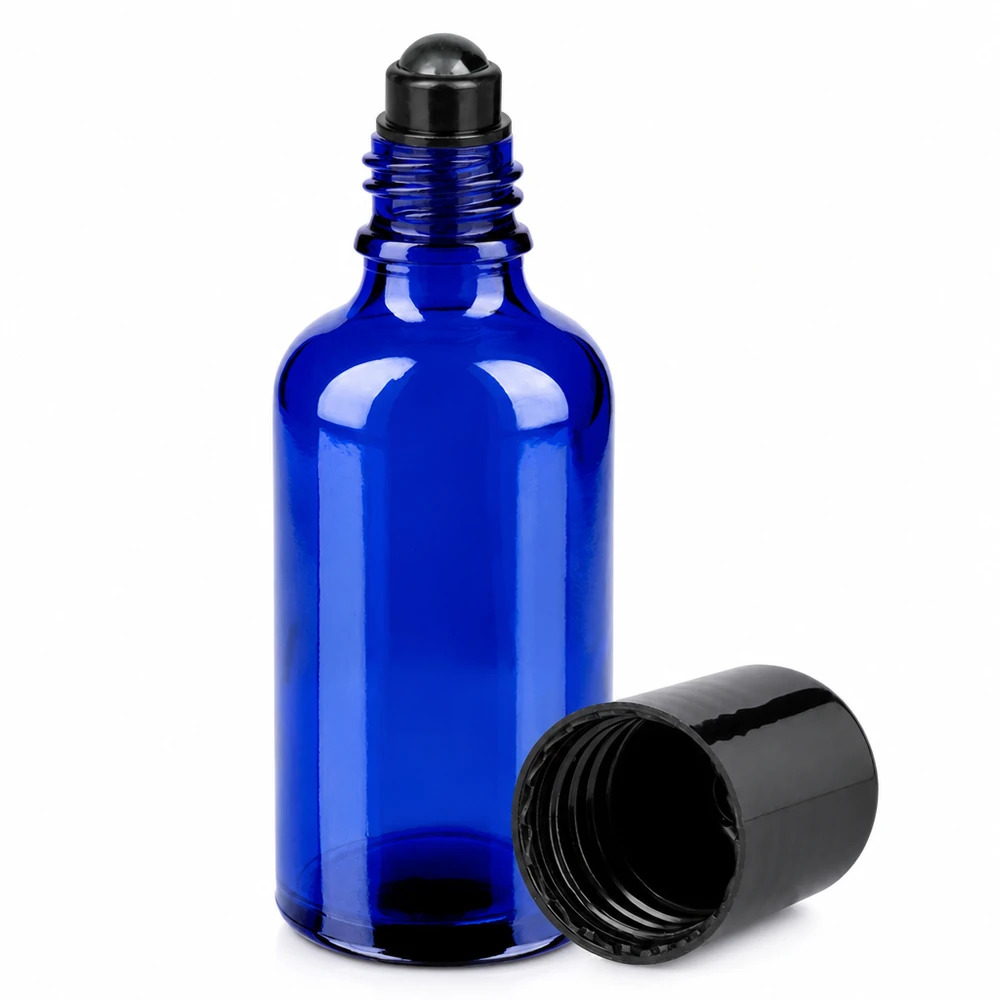 50ml Roll-On Flasche schwarz Standardverschluss BlueLine UT18/50 Roll-On Flasche 50ml STD BlueLine UT18/50 aus UV-schützendem blauem Glas mit schwarzem Rollball