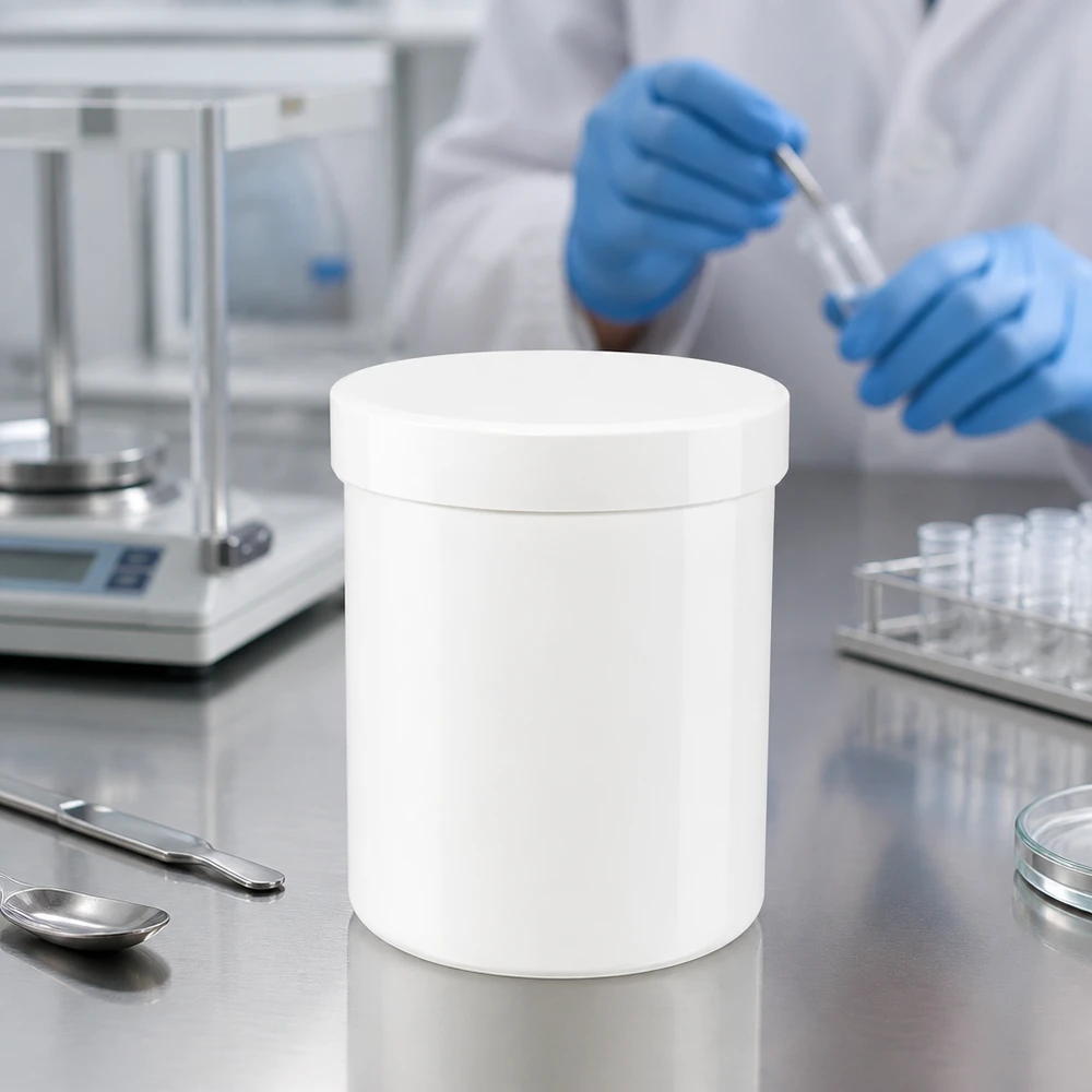 Pot à onguent blanc 250 g avec couvercle blanc (PP) Pot en plastique blanc fermé de 250 g avec couvercle à vis, à côté de cuillères doseuses et d'une boîte de Pétri dans un laboratoire
