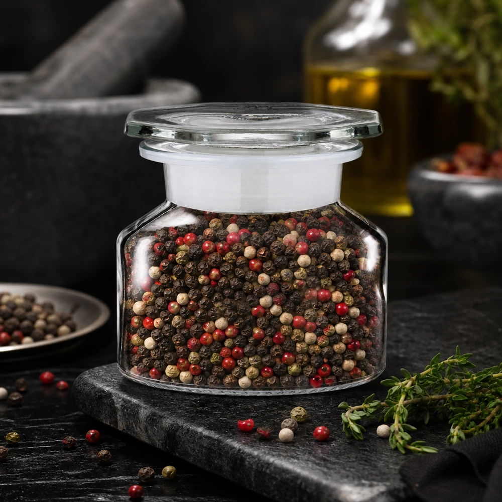 Idea barattolo per spezie: bottiglia a collo alto da 50 ml in vetro trasparente a bocca larga Piccolo bicchiere a forma di petto sporgente a collo largo con un mix di pepe colorato accanto all’olio d’oliva su uno sfondo scuro