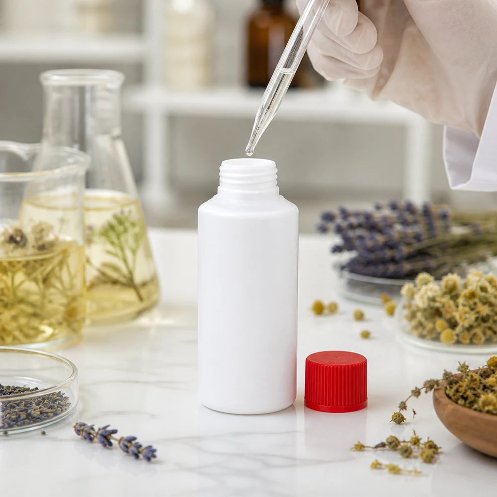 Flacon rond en HDPE de 30 ml, blanc avec un bouchon rouge, posé sur un plan de travail en marbre dans un laboratoire de cosmétiques naturels