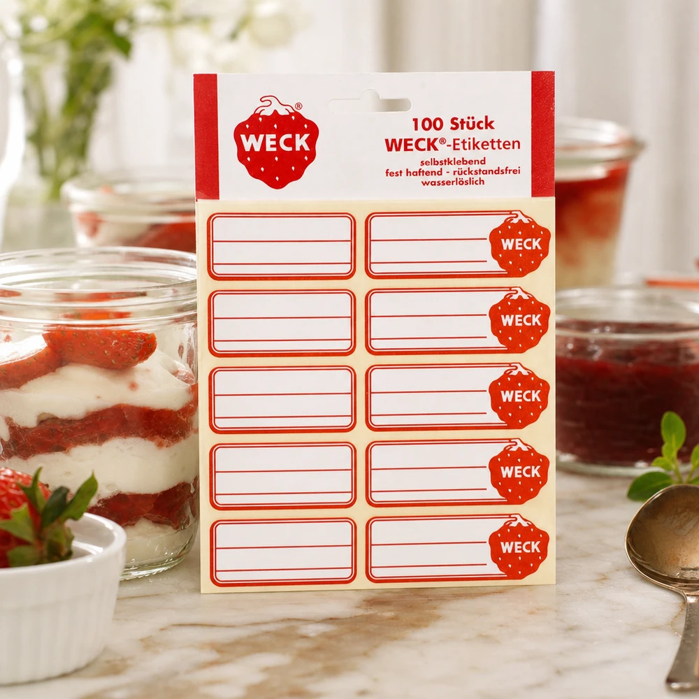 Etichette WECK 19x13 mm (confezione da 100 pezzi) WECK Etiketten Packung neben dekorativem Dessertglas mit Erdbeercreme zeigt vielseitige Anwendung in moderner Küche