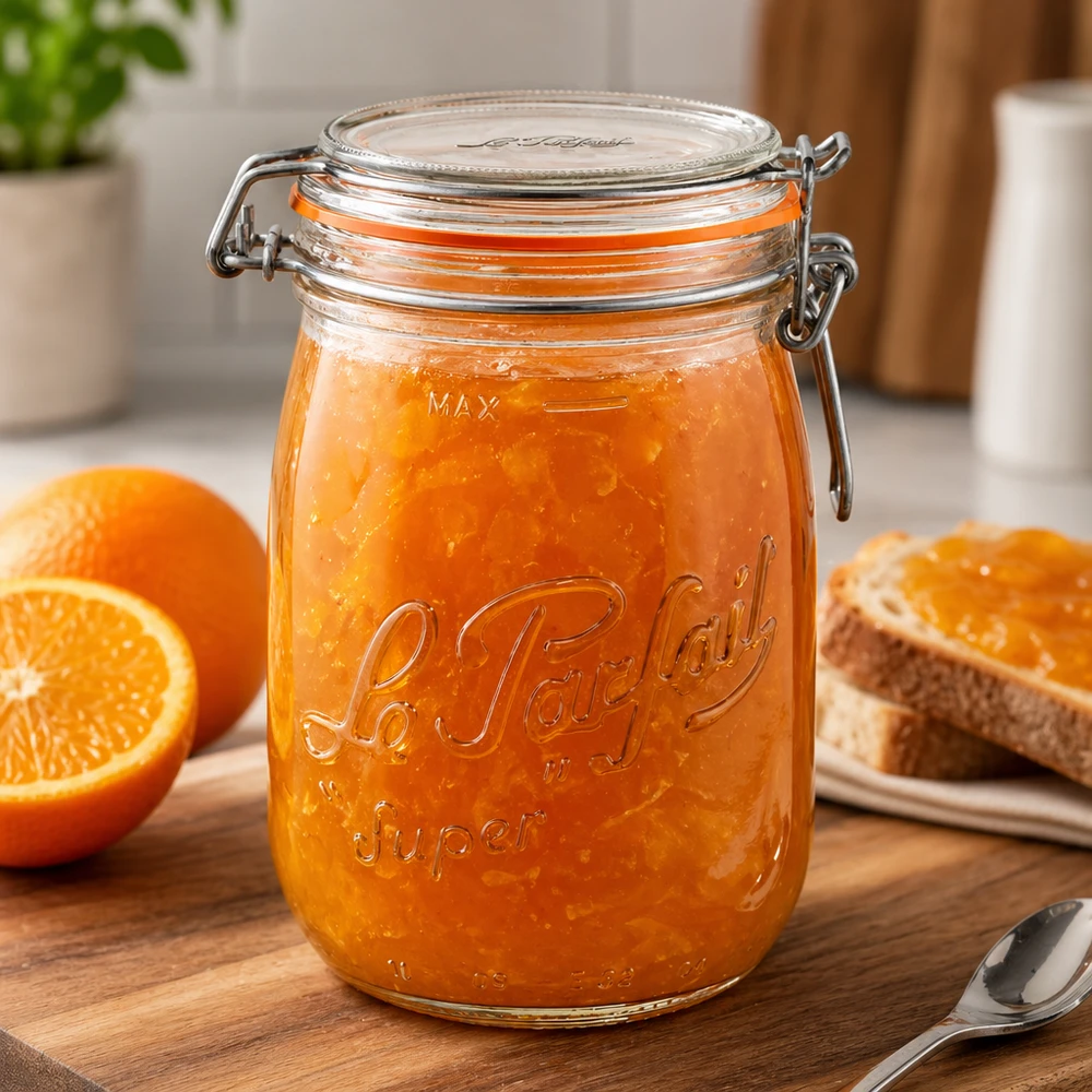 Vasetto Le Parfait® 1 L Ø85 mm conserve Barattolo Le Parfait Super da 1000 ml con tappo girevole riempito di marmellata di arance su tavoletta di legno con arance
