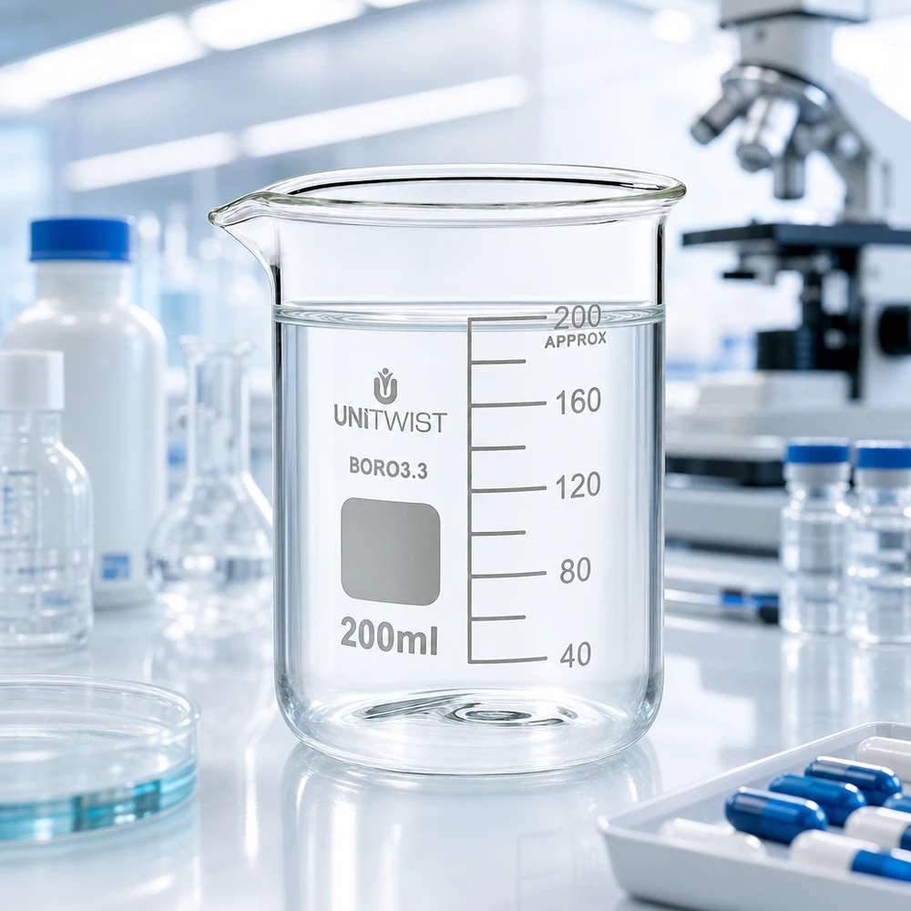 Bicchiere da 200 ml in borosilicato, stampo basso UNiTWIST Vaso di vetro UNiTWIST da 200 ml in borosilicato, forma bassa, in un laboratorio professionale con microscopio