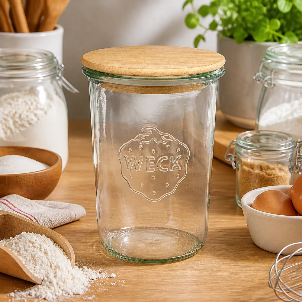 WECK tumbler 850ml RR100 coperchio in legno cucina ingredienti da forno farina uova utensili da cucina materiali naturali