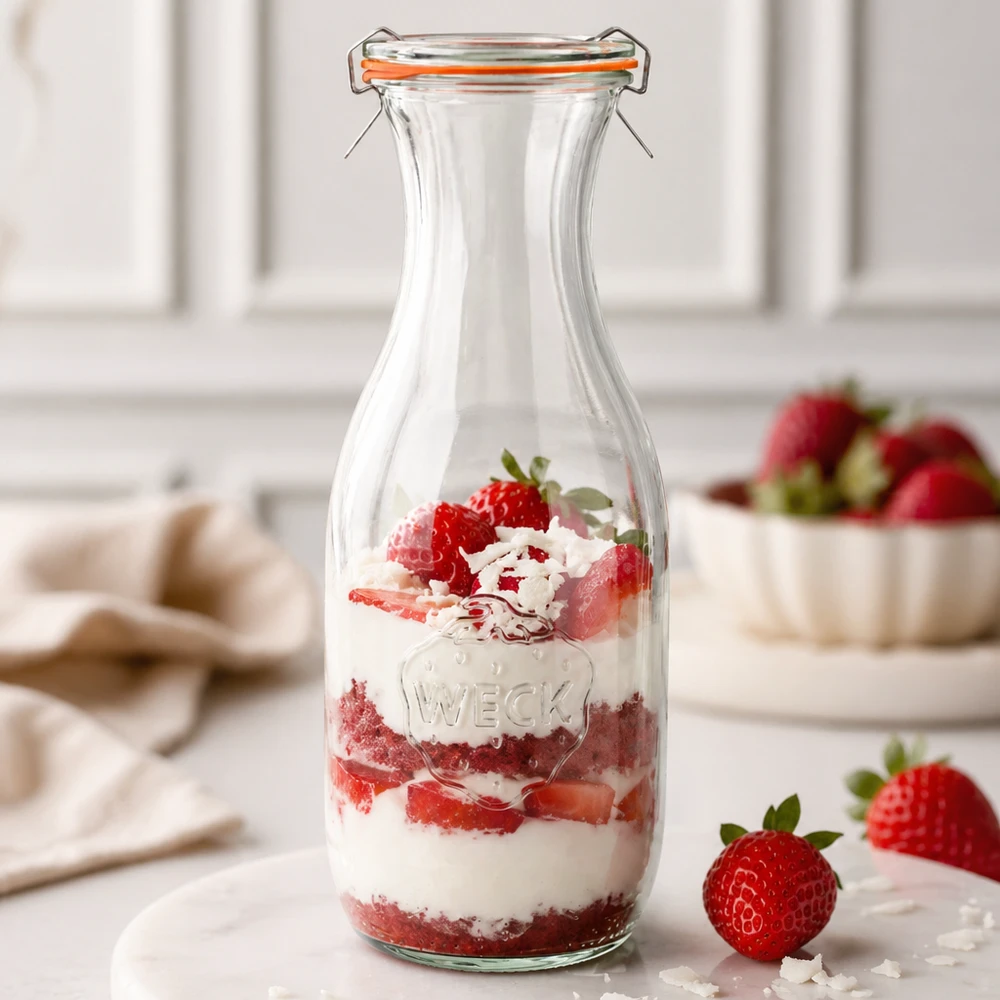 Bottiglia per succhi da 1062 ml, set completo WECK RR60 WECK bottiglia di succo 1062ml RR60 come barattolo da dessert riempito con crema di fragole a strati dessert cucina sfondo bianco