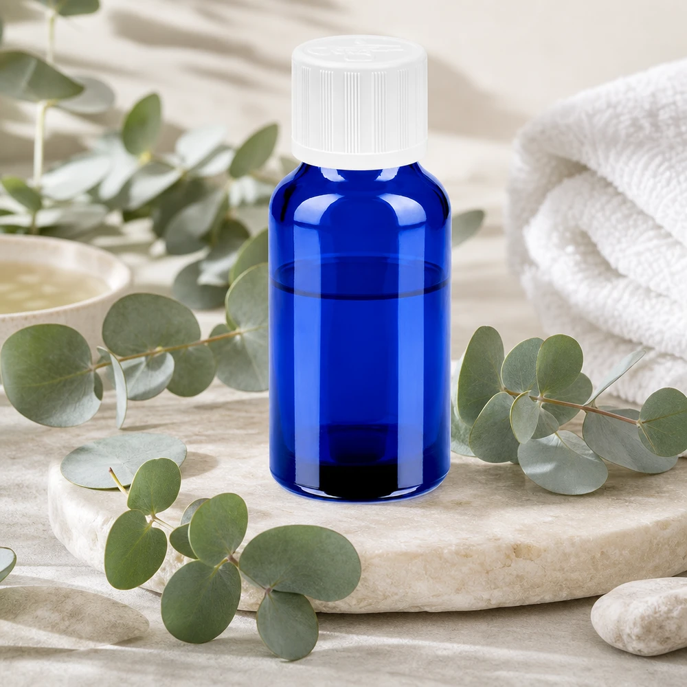 Elegante flacone blu da 20 ml in vetro speciale con tappo a vite bianco per operatori alternativi