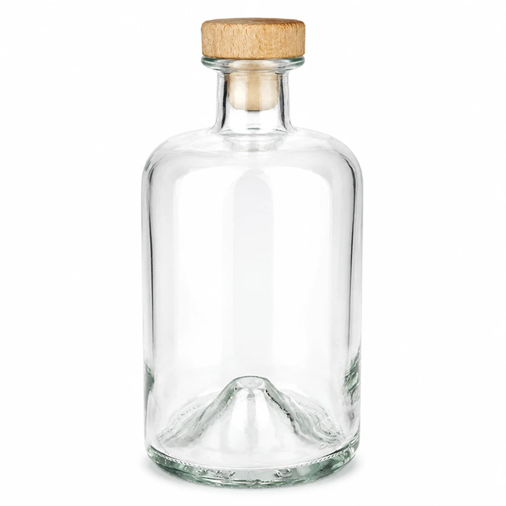 Flacone farmaceutico da 500 ml Sofia con tappo in sughero con impugnatura in legno UNiTWIST® Bottiglia di vetro Sofia da 500 ml con manico in legno e tappo in sughero UNiTWIST trasparente vuoto Foto del prodotto su sfondo bianco