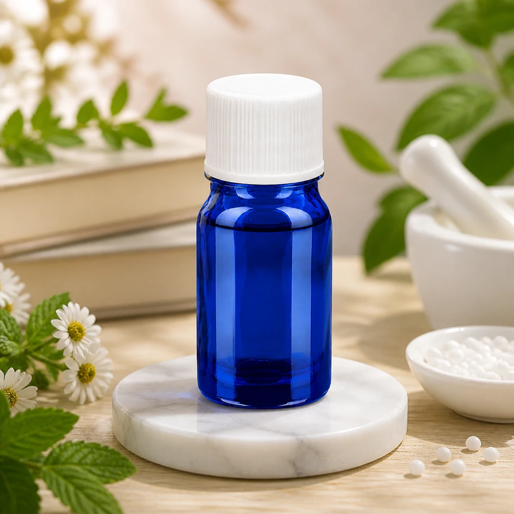 Elegante flacone blu da 5 ml con tappo a vite bianco da 11 mm disposto in modo decorativo su una base di marmo
