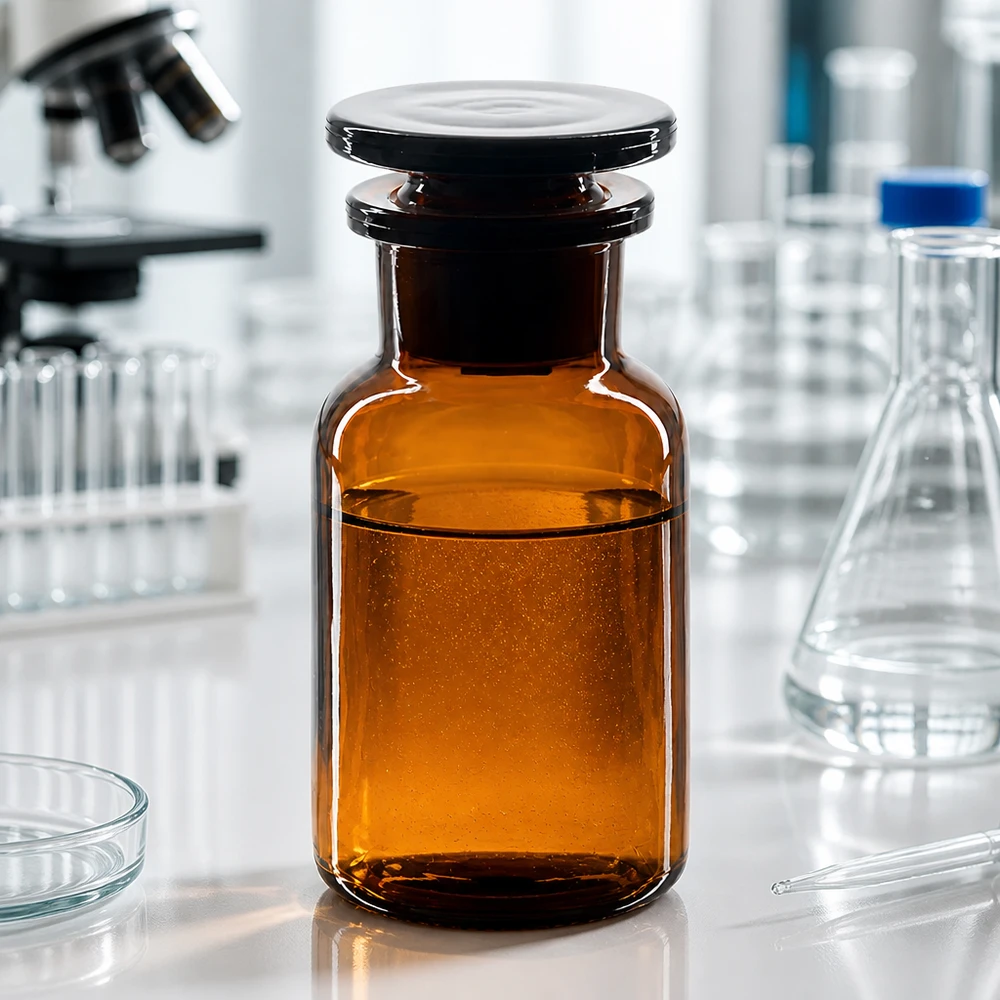Bottiglia a spalla rotonda 100ml marrone a collo largo con tappo in vetro Foto di laboratorio: flacone da 100 ml a spalla arrotondata, marrone, a collo largo con tappo di vetro, accanto a un microscopio