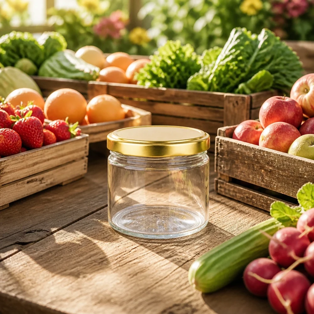 Barattolo rotondo da 540 ml con coperchio BasicSeal oro tra frutta e verdura fresca su un tavolo di legno ambiente naturale