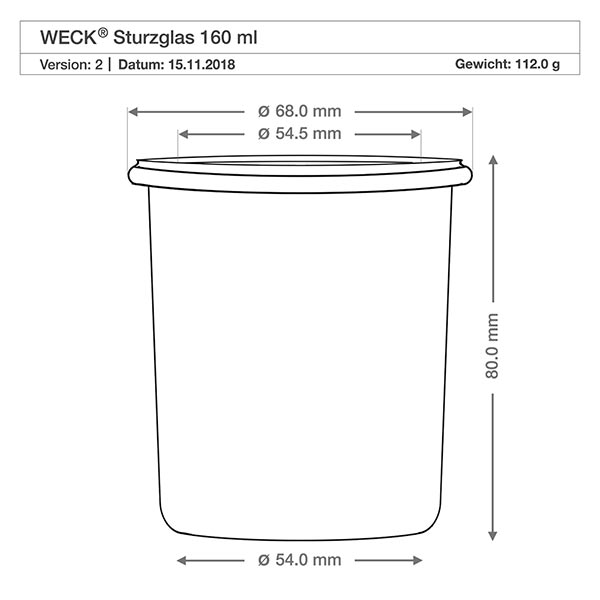 Set di 12 barattoli Weck da 160 ml con 12 decorazioni keep-fresh Disegno tecnico dei tumbler WECK 160ml RR60 con dimensioni: diametro 68 mm, altezza 80 mm, peso 112 g.
