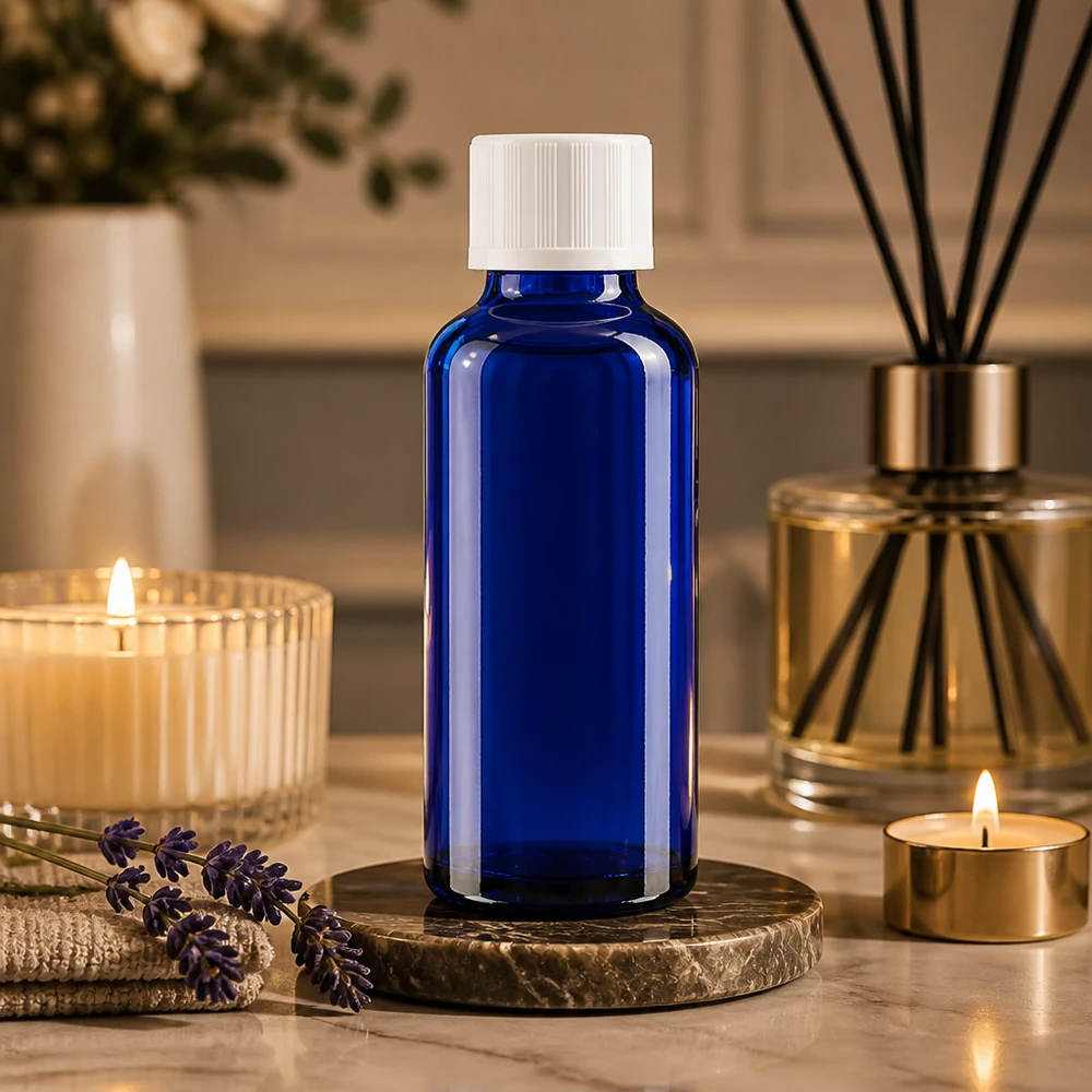 Apothekenflasche blau 30ml Tropfverschluss weiß Kindersicherung Standard 30ml Apothekerglasflasche blau mit 1,2mm Tropfer in entspannter Spa-Atmosphäre mit Lavendeldekoration