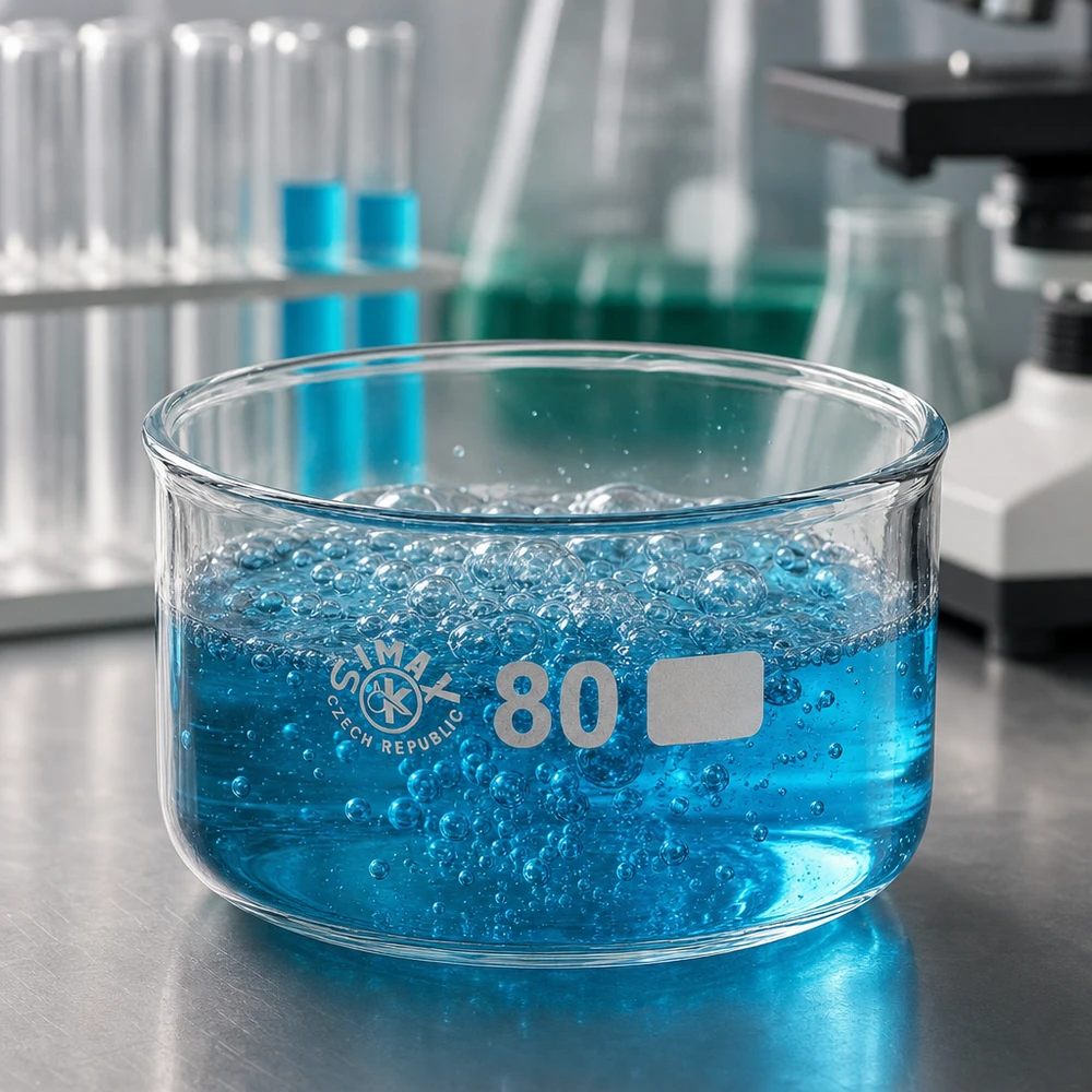 Piatto per cristallizzazione da 150 ml senza beccuccio Bo. ø80mm Liquido blu con bolle nella vaschetta di cristallizzazione SIMAX da 80 mm in vetro borosilicato da 150 ml per laboratorio
