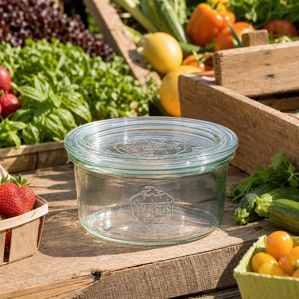 165ml Sturzglas mit Glasdeckel WECK RR80 WECK Sturzglas 165ml RR80 leer mit Glasdeckel zwischen frischem Gemüse und Obst auf rustikalem Holztisch